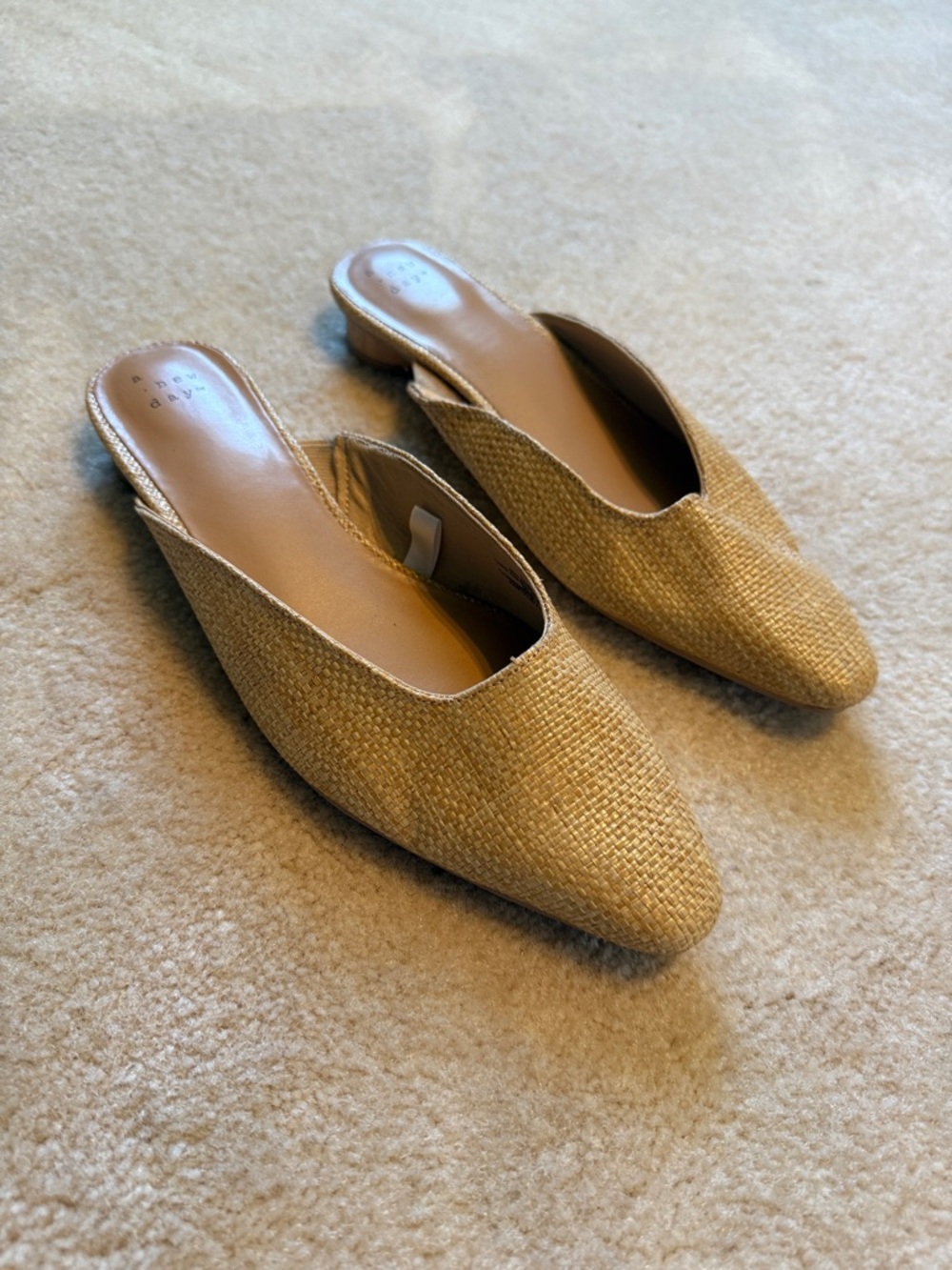 Woven Rafia Pointed-Toe Mule Low Heel Natural Tan 8.5 New
